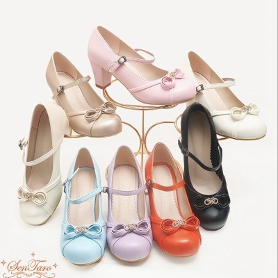 Sentaro Bobo Round Toe Hollow Bow Mid and Low Heel Shoes(8 Colours/Full Payment Without Shipping)